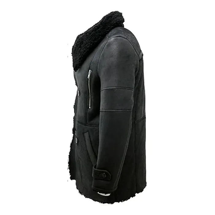 Black Reefer Double-Breasted Warm Real Leather Coat