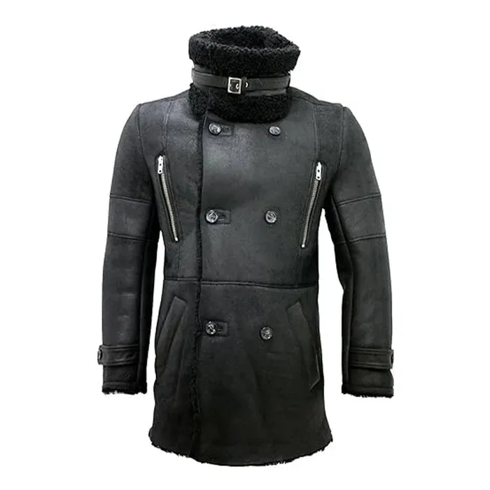 Black Reefer Double-Breasted Warm Real Leather Coat