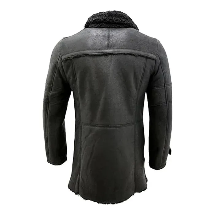 Black Reefer Double-Breasted Warm Real Leather Coat