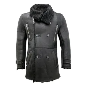 Black Reefer Double-Breasted Warm Real Leather Coat