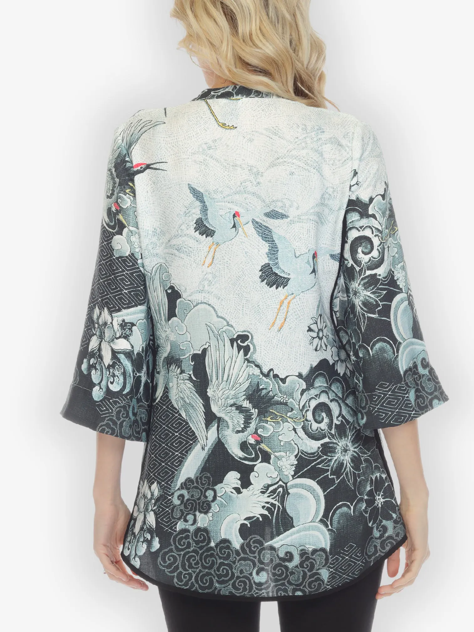 Black White Crane Wave Tummy Tuck Shirt