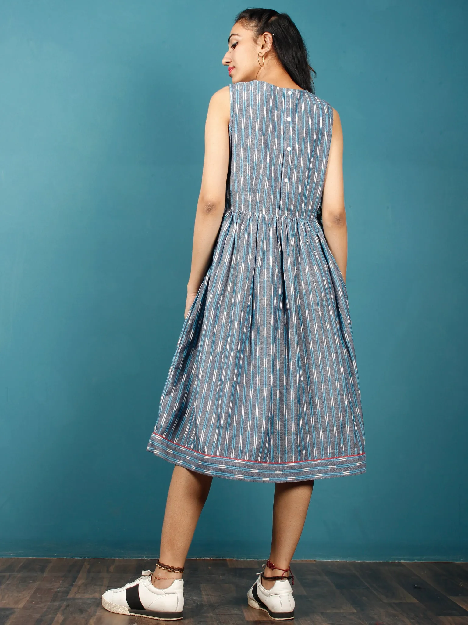 Blue Grey White Hand Woven Ikat Cotton Dress  - D272F1242