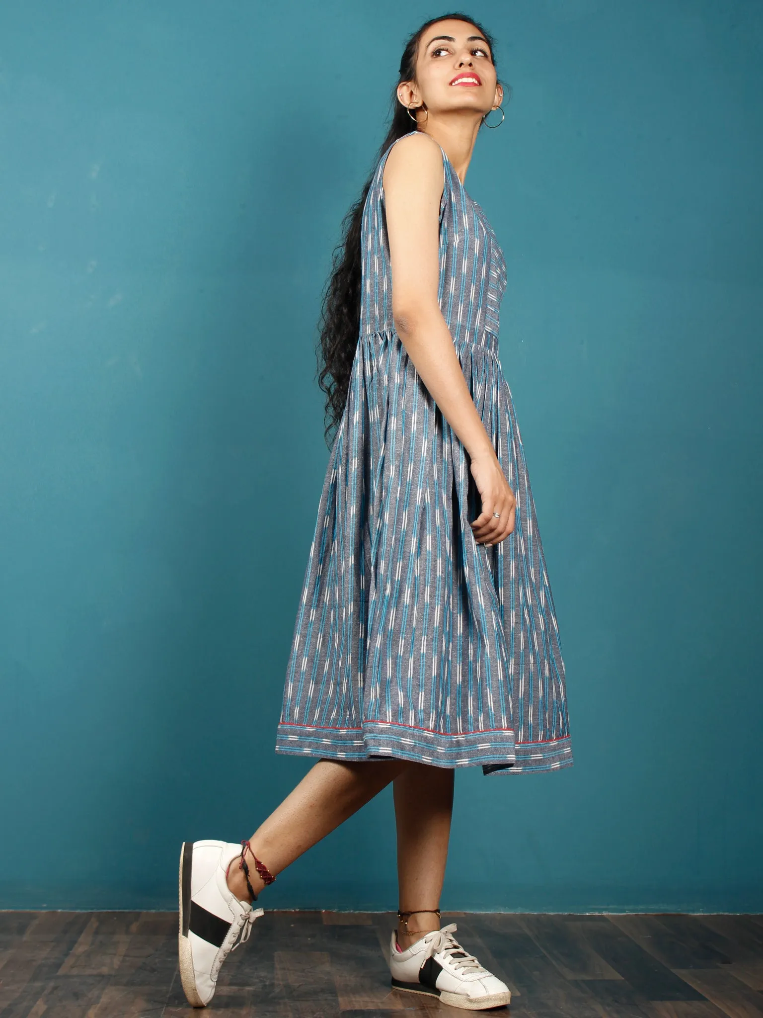 Blue Grey White Hand Woven Ikat Cotton Dress  - D272F1242