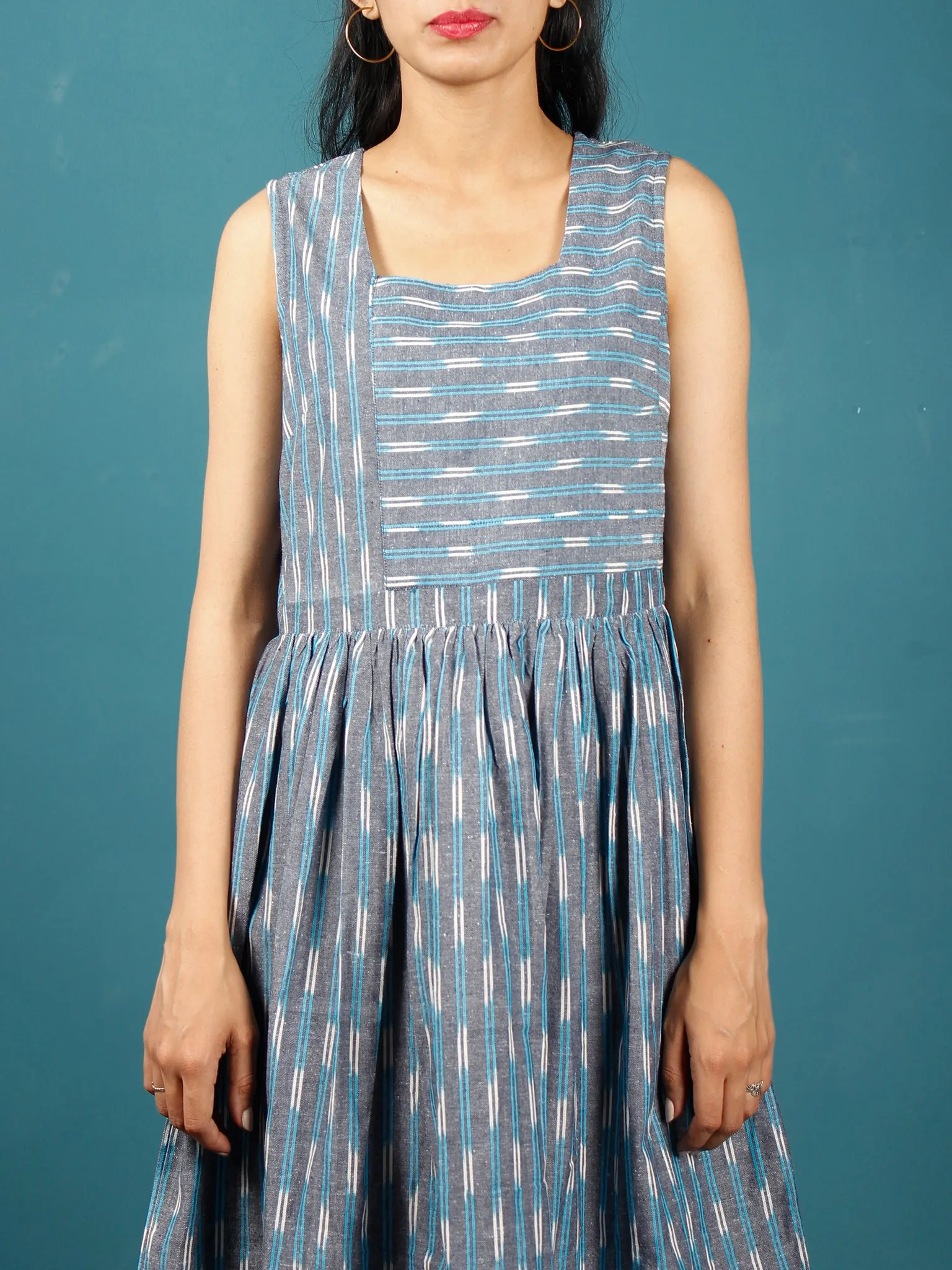 Blue Grey White Hand Woven Ikat Cotton Dress  - D272F1242