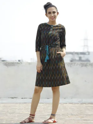 Brown Multi Color Handloom Ikat Dress With Tassels & Side Pockets-  D113F725