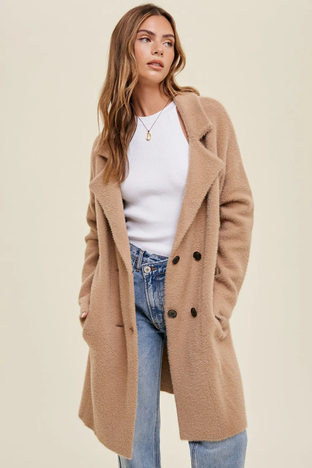 Camel Brushed Chevron Double Breasted Coat