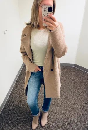 Camel Brushed Chevron Double Breasted Coat