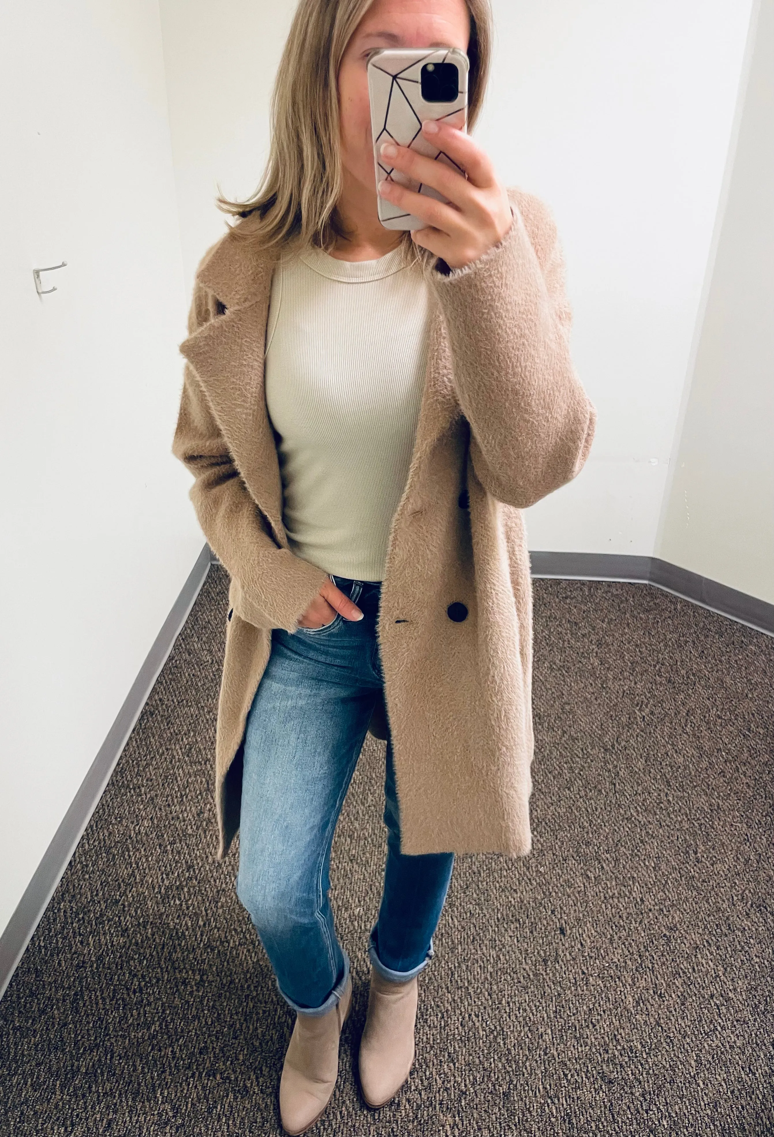 Camel Brushed Chevron Double Breasted Coat