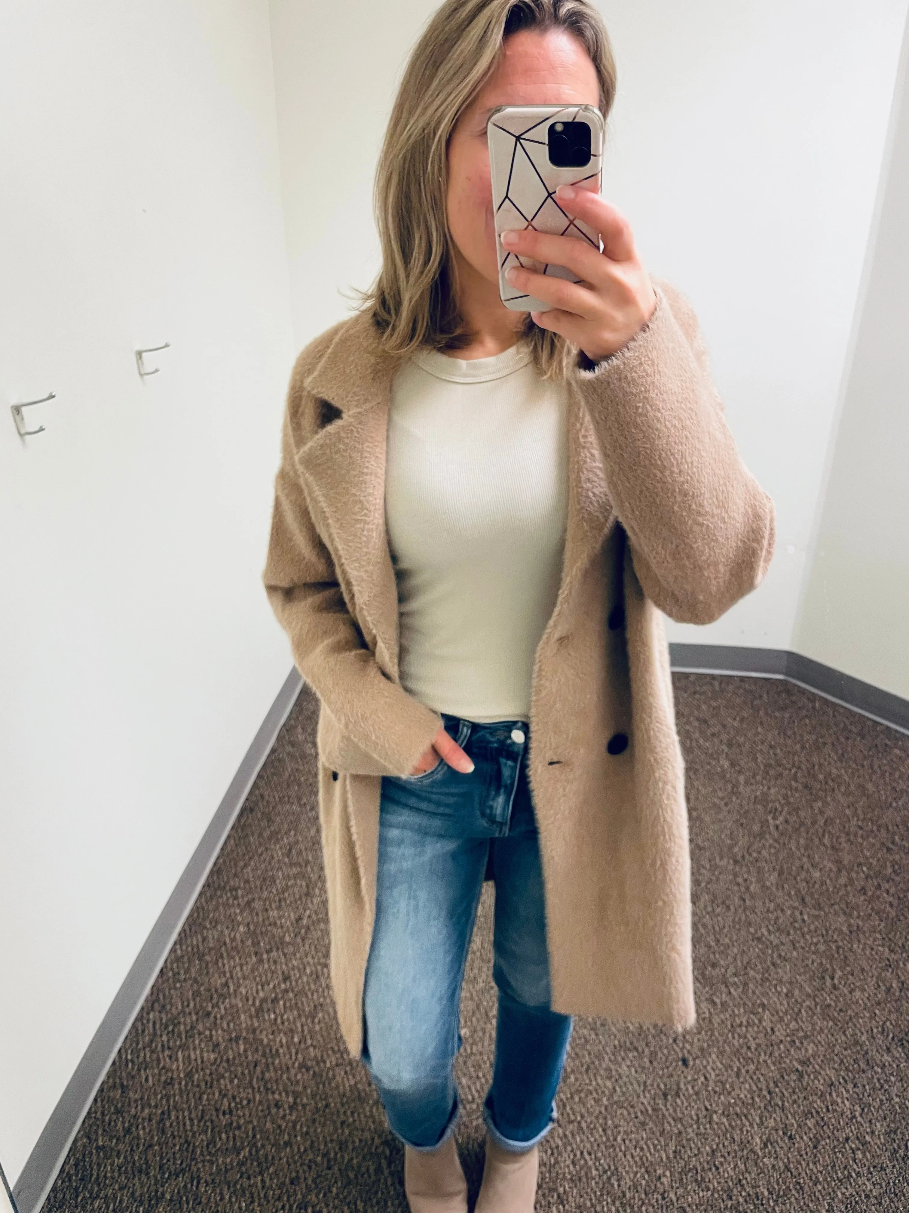Camel Brushed Chevron Double Breasted Coat