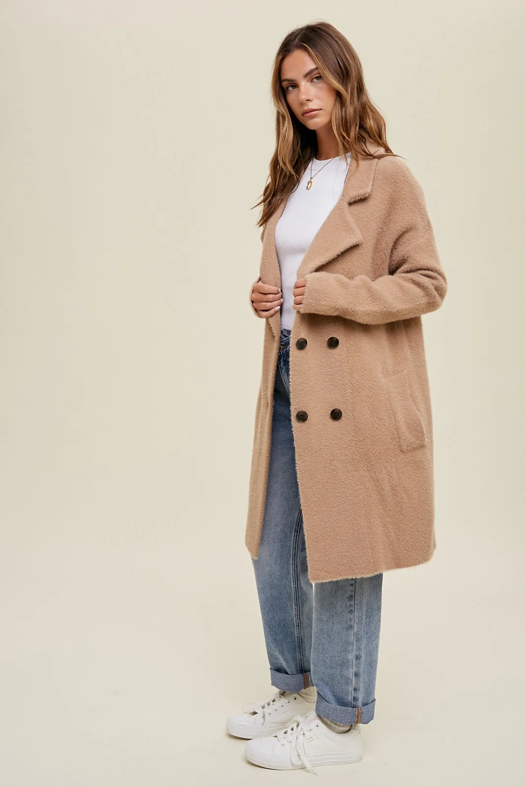 Camel Brushed Chevron Double Breasted Coat