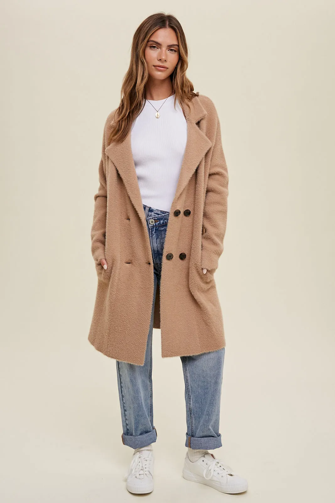 Camel Brushed Chevron Double Breasted Coat