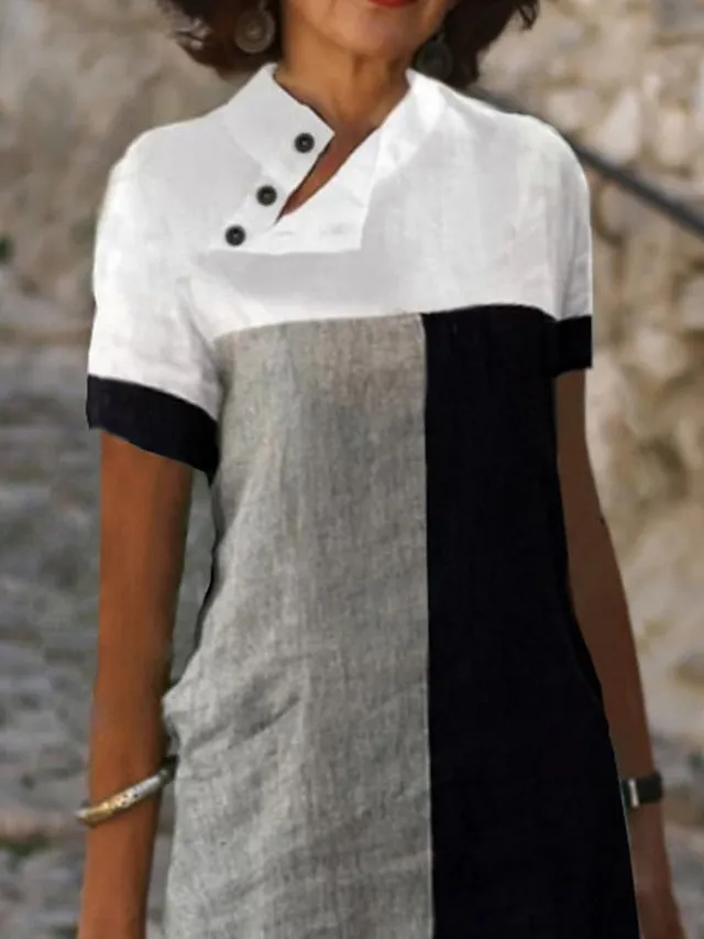 Casual Dress Cotton Linen Dress Shift Dress Midi Dress Cotton Blend Modern Casual Daily Vacation V Neck Patchwork Button Short Sleeve Summer Spring  Regular Fit White Color Block S M L XL for Women