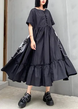 Classy black print cotton clothes o neck Cinched cotton robes summer Dresses