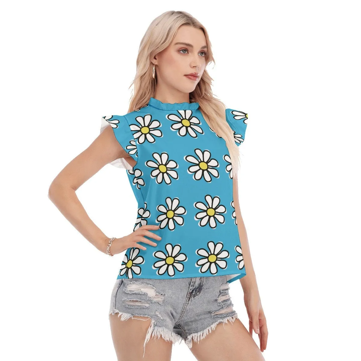 Daisy Top, Blue Ruffle Top, Blue Ruffle Blouse, Daisy Print Top, Blue Floral Blouse, Floral Top, Vintage Inspired Top,Vintage Style
