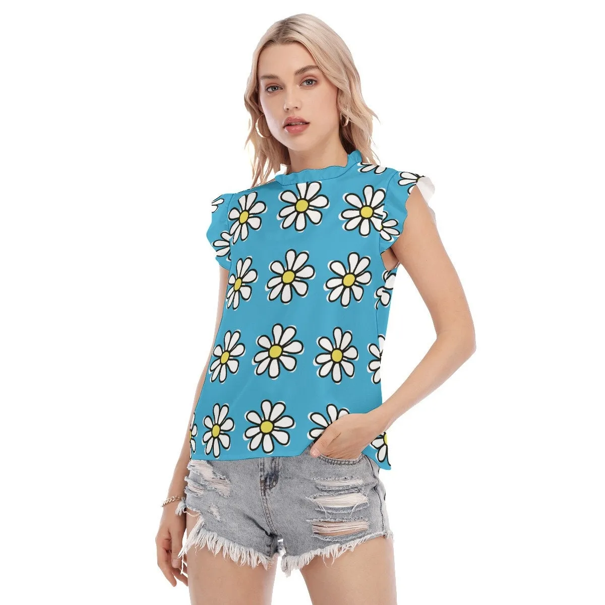 Daisy Top, Blue Ruffle Top, Blue Ruffle Blouse, Daisy Print Top, Blue Floral Blouse, Floral Top, Vintage Inspired Top,Vintage Style