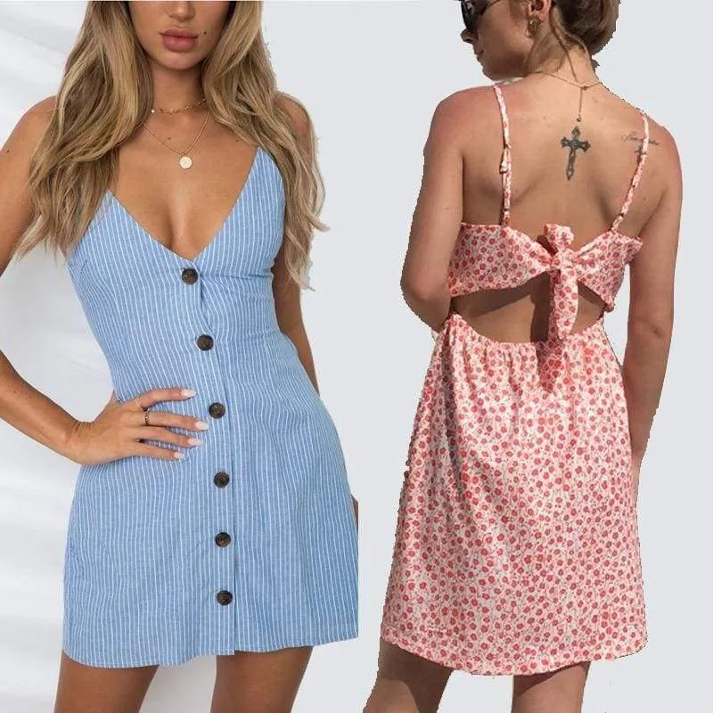 FashionSierra - Women Casual Street Wear V-Neck Vintage Cotton Striped Print Dress
