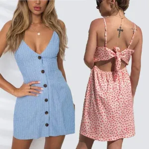 FashionSierra - Women Casual Street Wear V-Neck Vintage Cotton Striped Print Dress