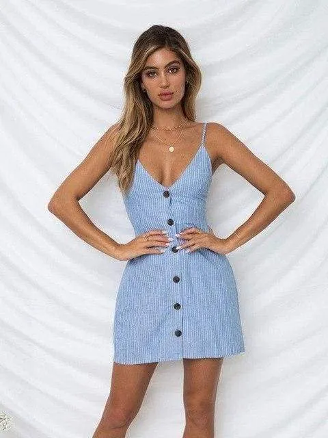 FashionSierra - Women Casual Street Wear V-Neck Vintage Cotton Striped Print Dress