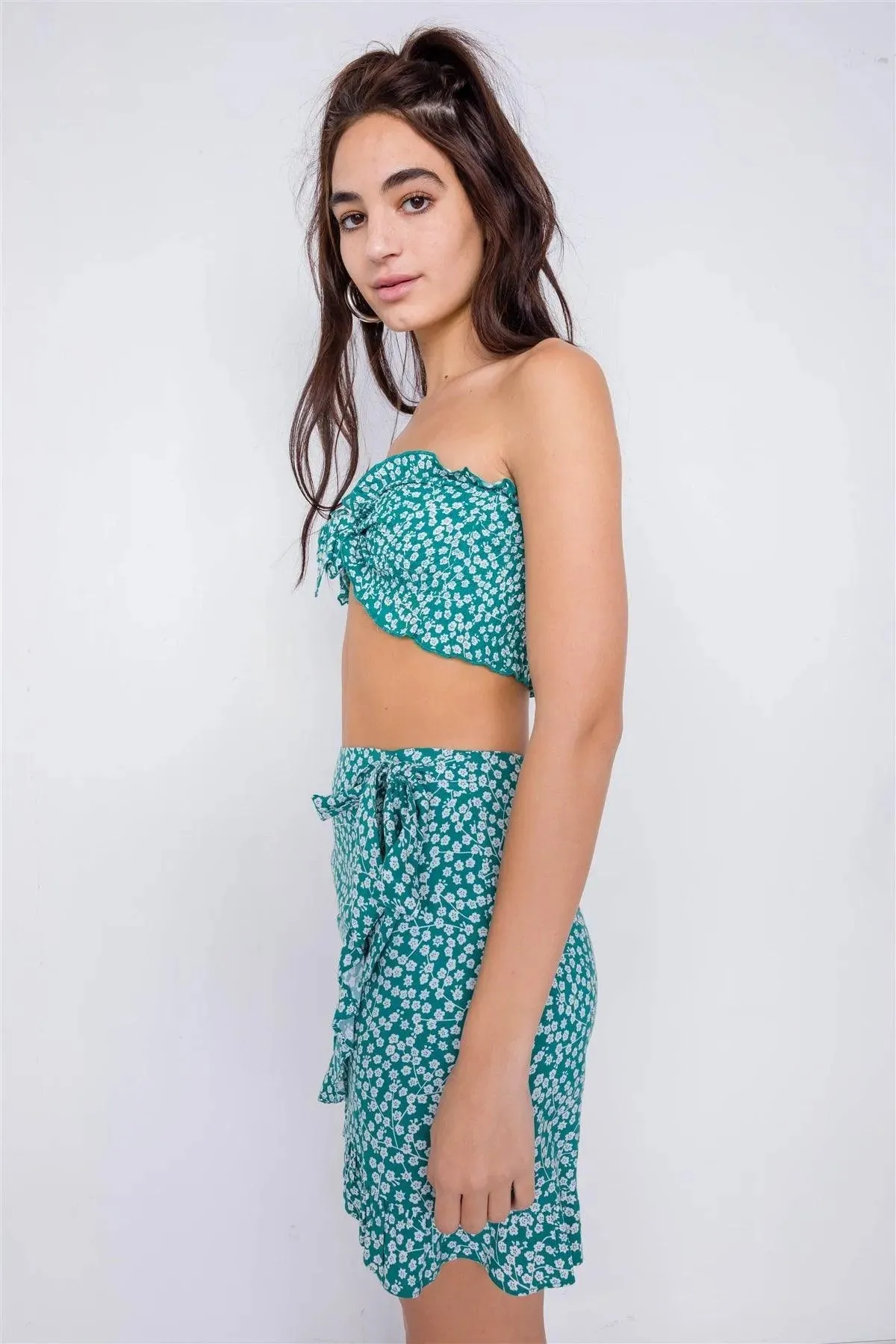 Green Boho White Floral Print Bandeau Mini Wrap Skirt Set /3-2-1