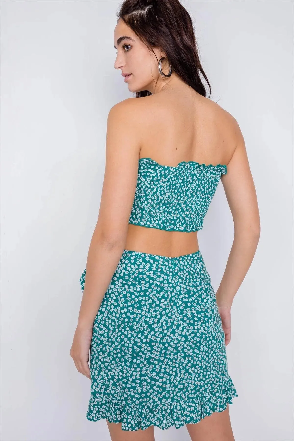 Green Boho White Floral Print Bandeau Mini Wrap Skirt Set/4-2-1