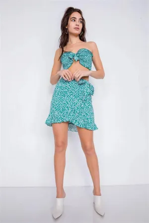 Green Boho White Floral Print Bandeau Mini Wrap Skirt Set/4-2-1