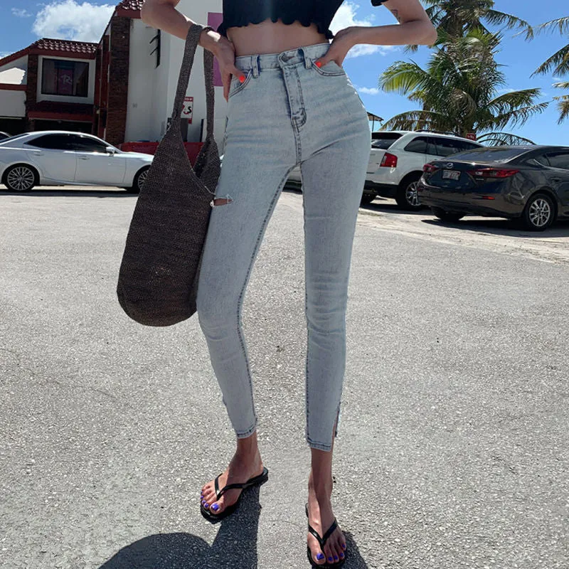 Joskaa Streetwear Light Blue High Waist Stretch Skinny Women Jeans Pants Split Cuff Ripped Hole Female Pencil Jeans 2019 Women Trousers