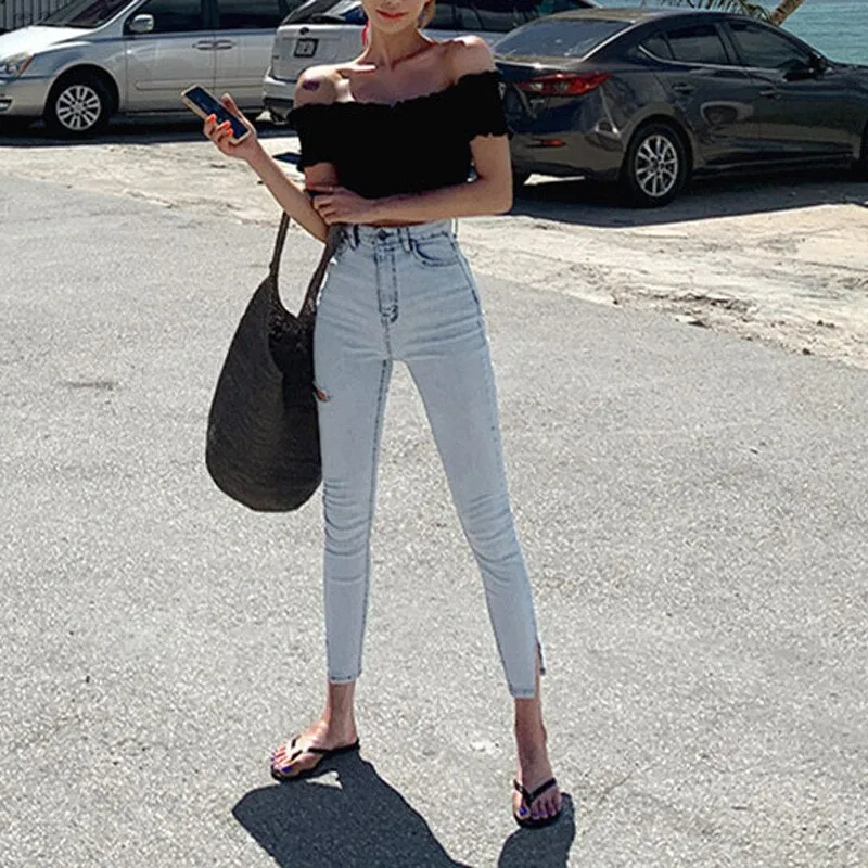 Joskaa Streetwear Light Blue High Waist Stretch Skinny Women Jeans Pants Split Cuff Ripped Hole Female Pencil Jeans 2019 Women Trousers