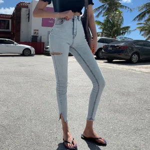 Joskaa Streetwear Light Blue High Waist Stretch Skinny Women Jeans Pants Split Cuff Ripped Hole Female Pencil Jeans 2019 Women Trousers