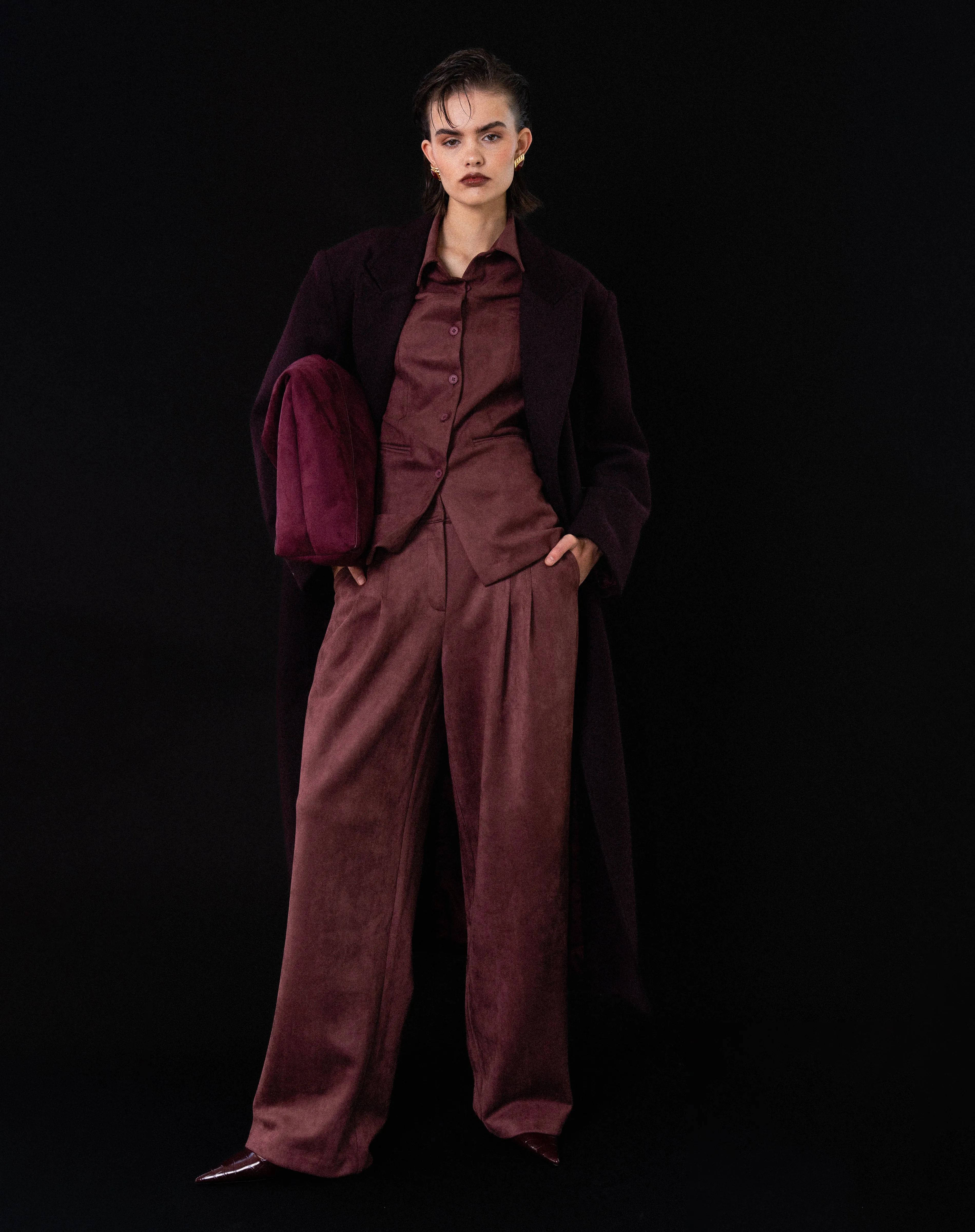 Kieran Oversized Double Breasted Coat, Burgundy