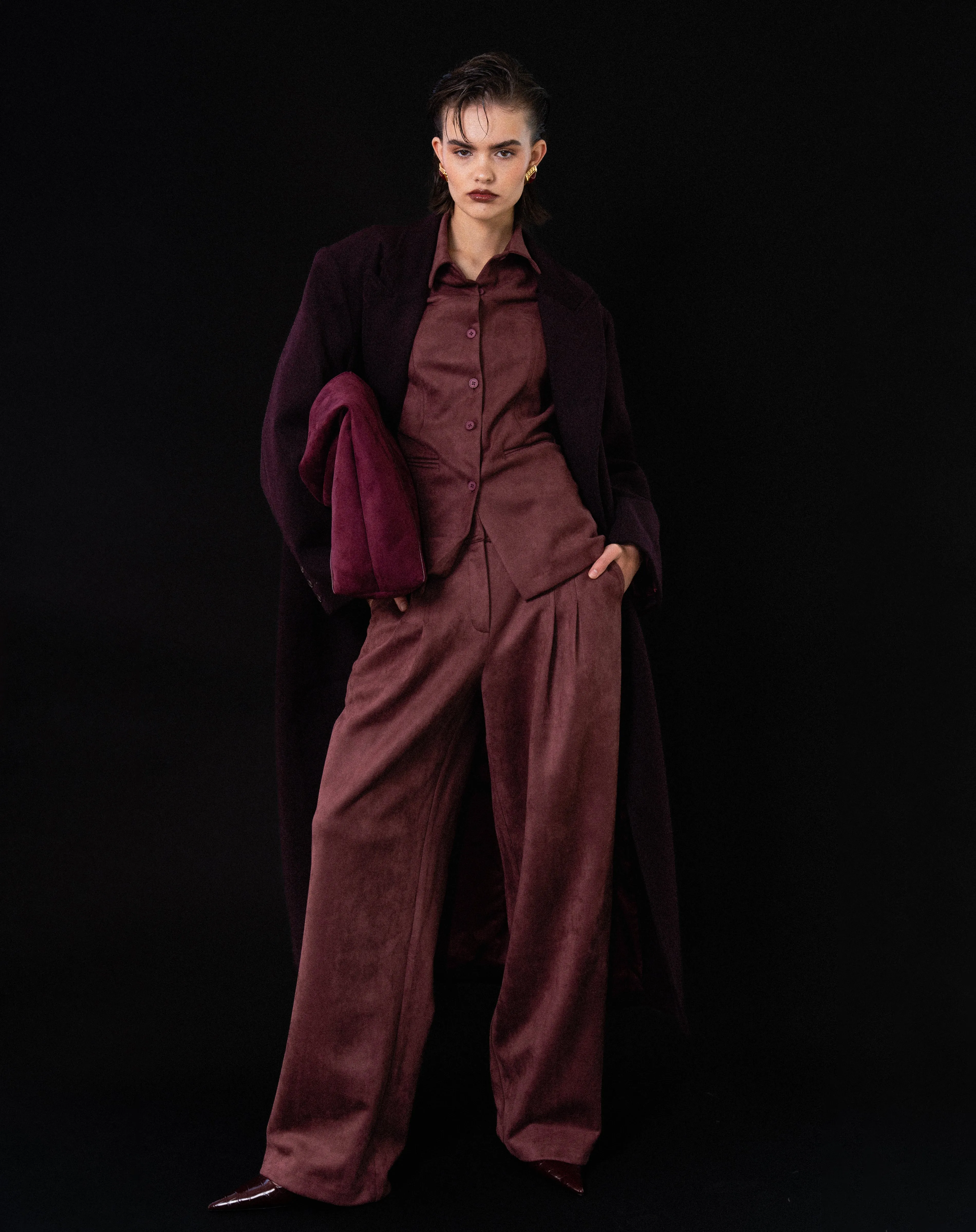 Kieran Oversized Double Breasted Coat, Burgundy