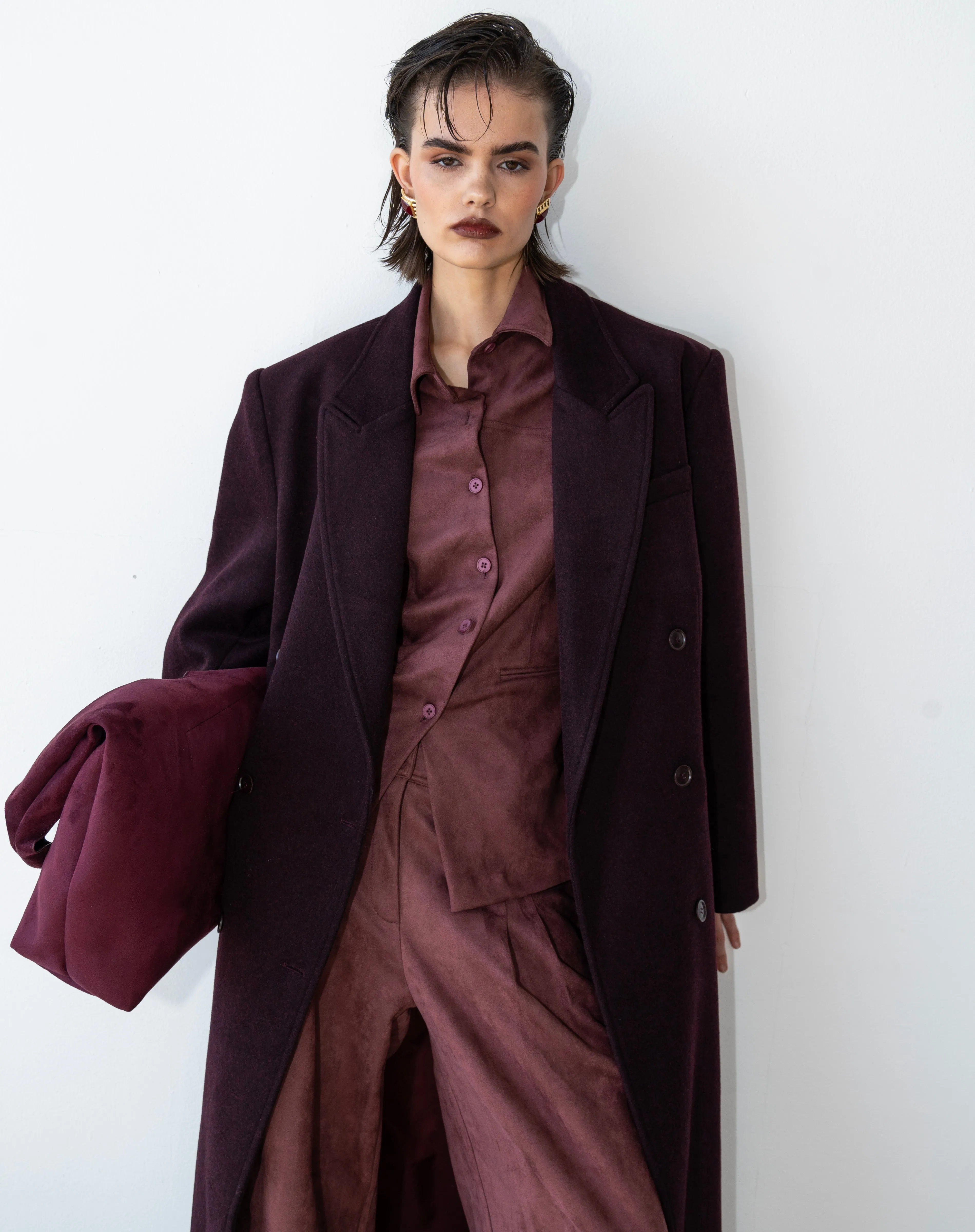 Kieran Oversized Double Breasted Coat, Burgundy