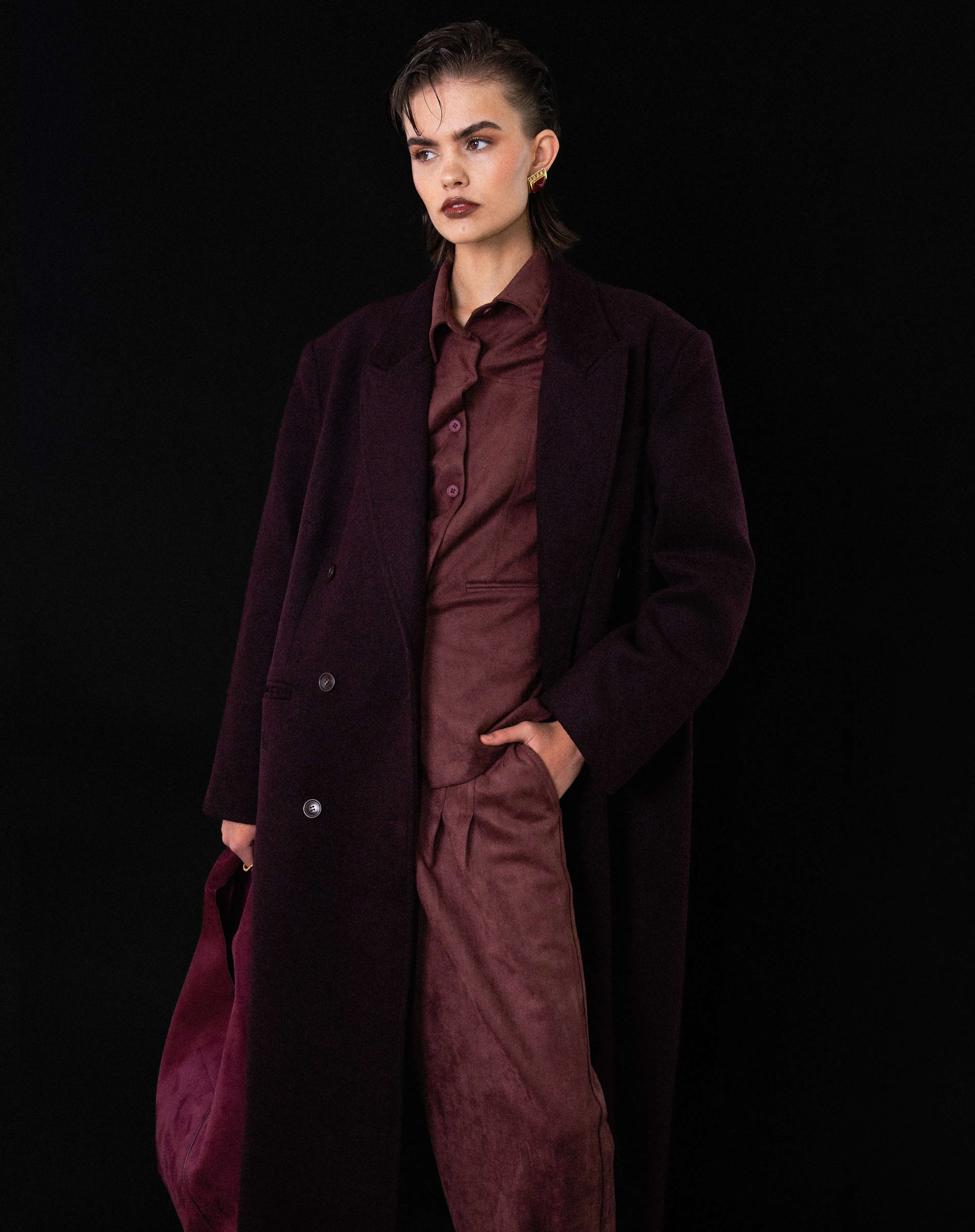 Kieran Oversized Double Breasted Coat, Burgundy