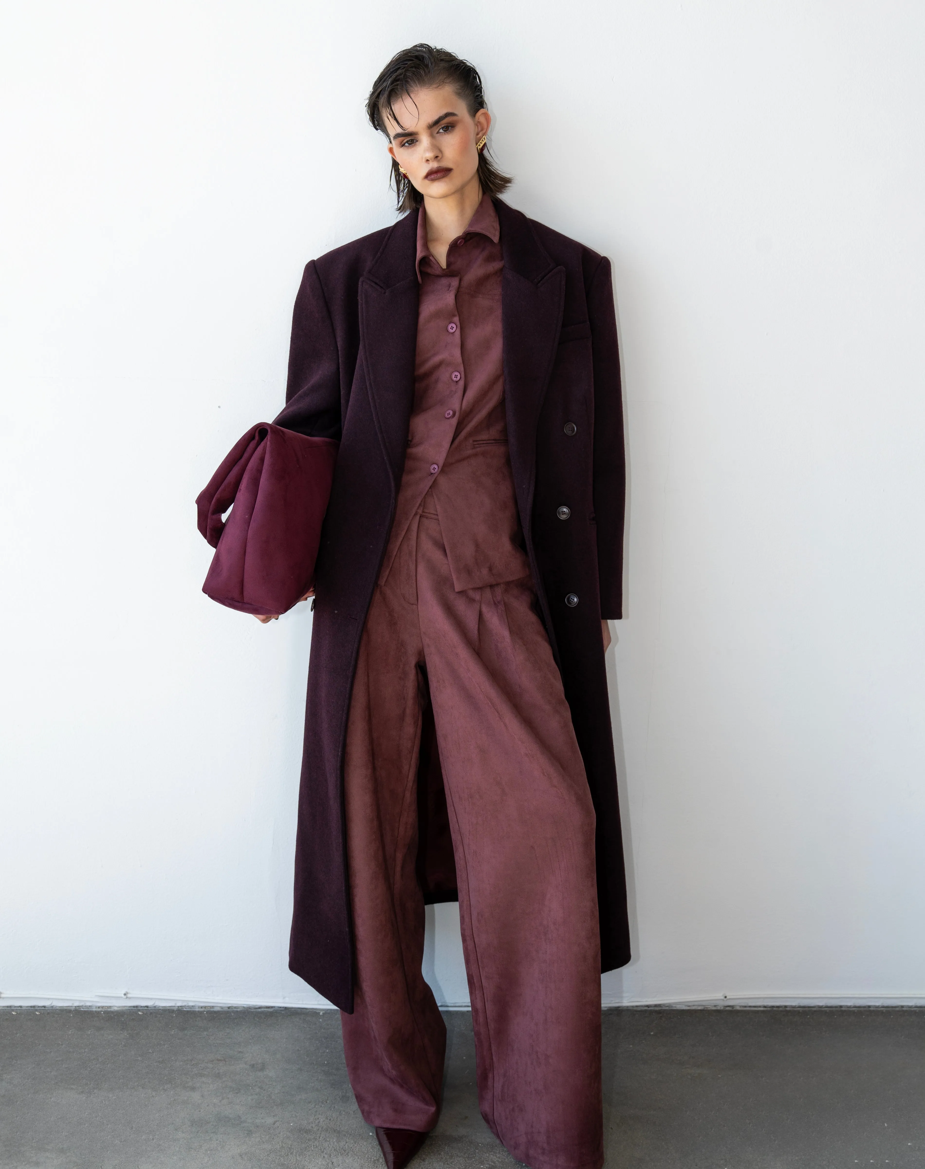 Kieran Oversized Double Breasted Coat, Burgundy