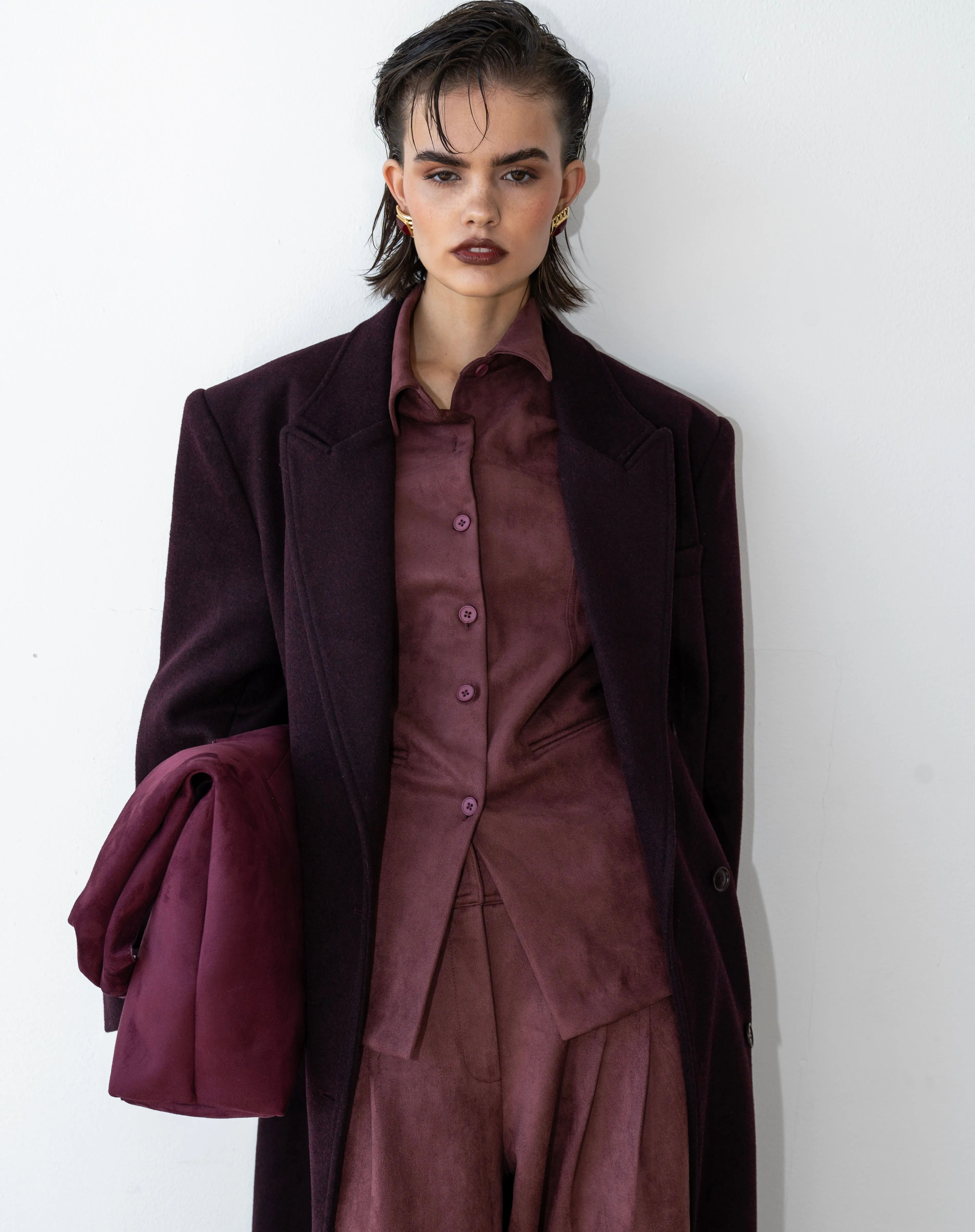 Kieran Oversized Double Breasted Coat, Burgundy