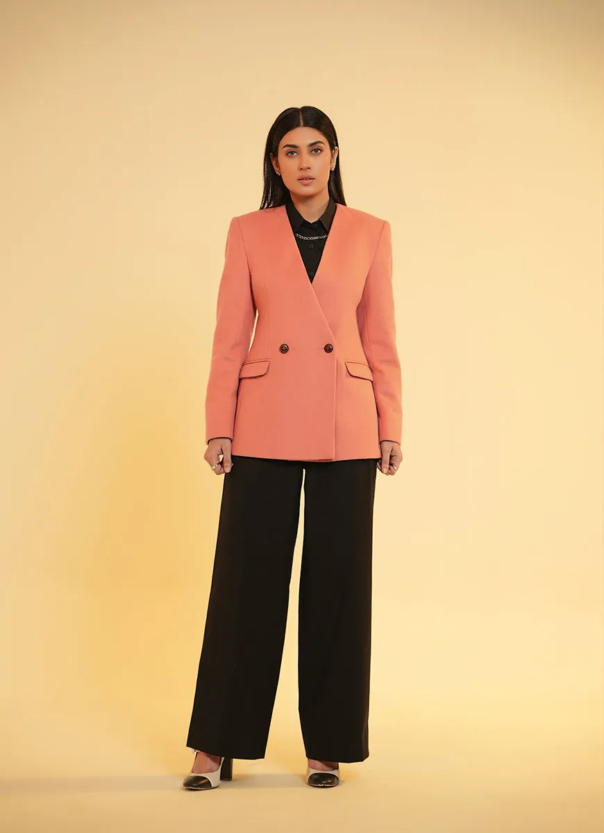 Ladies Jacket - V Neck Double Button Peach Plain