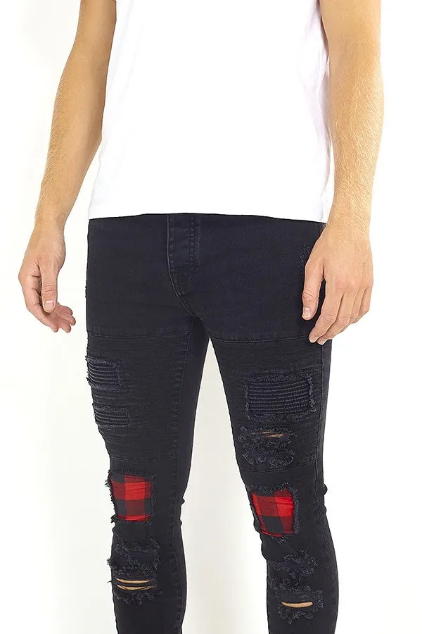 LUMBERJACK CHECK PATCH DETAIL CHARCOAL SKINNY JEANS