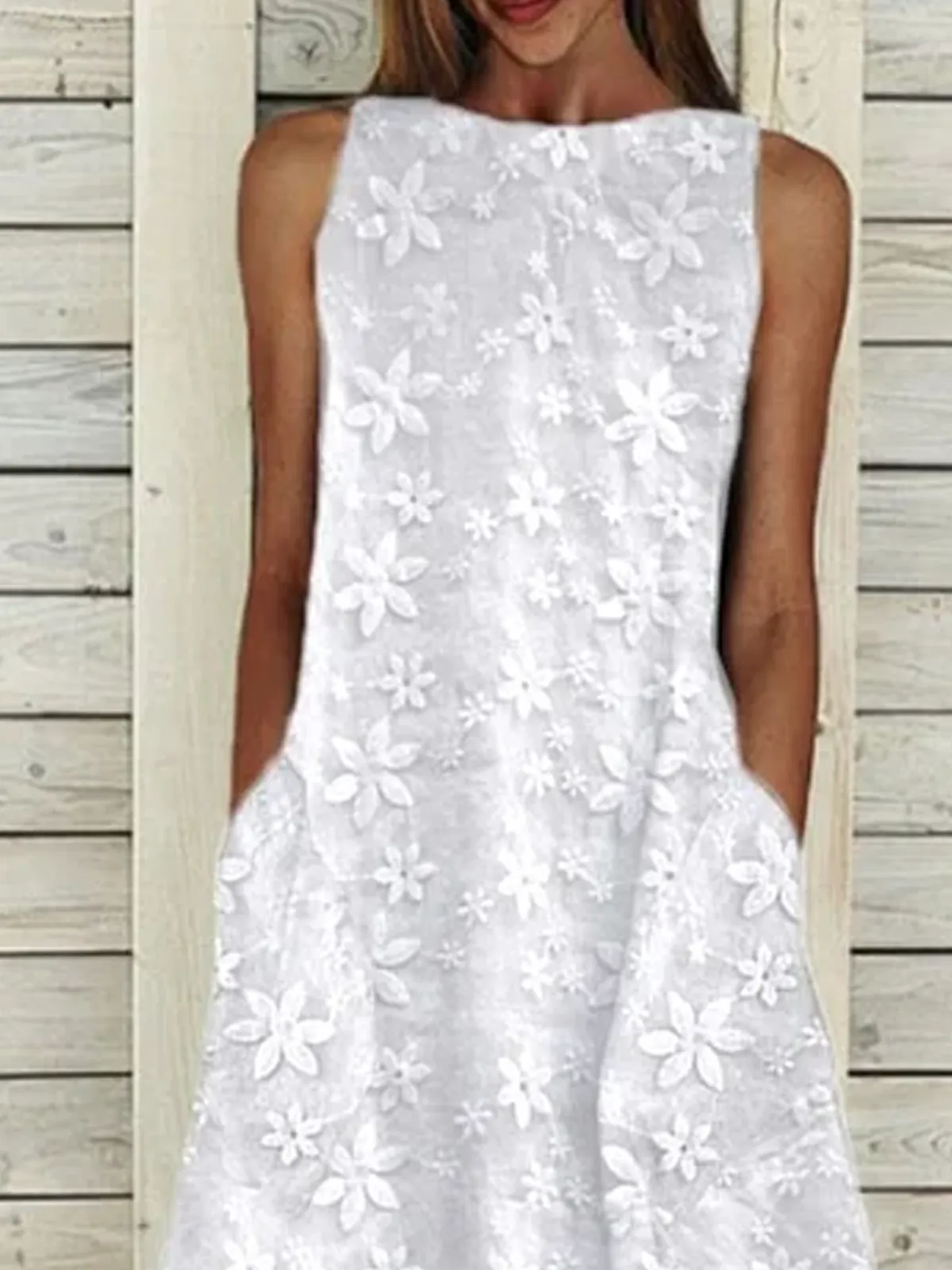 Plain Cotton-blend Sleeveless Casual Dress