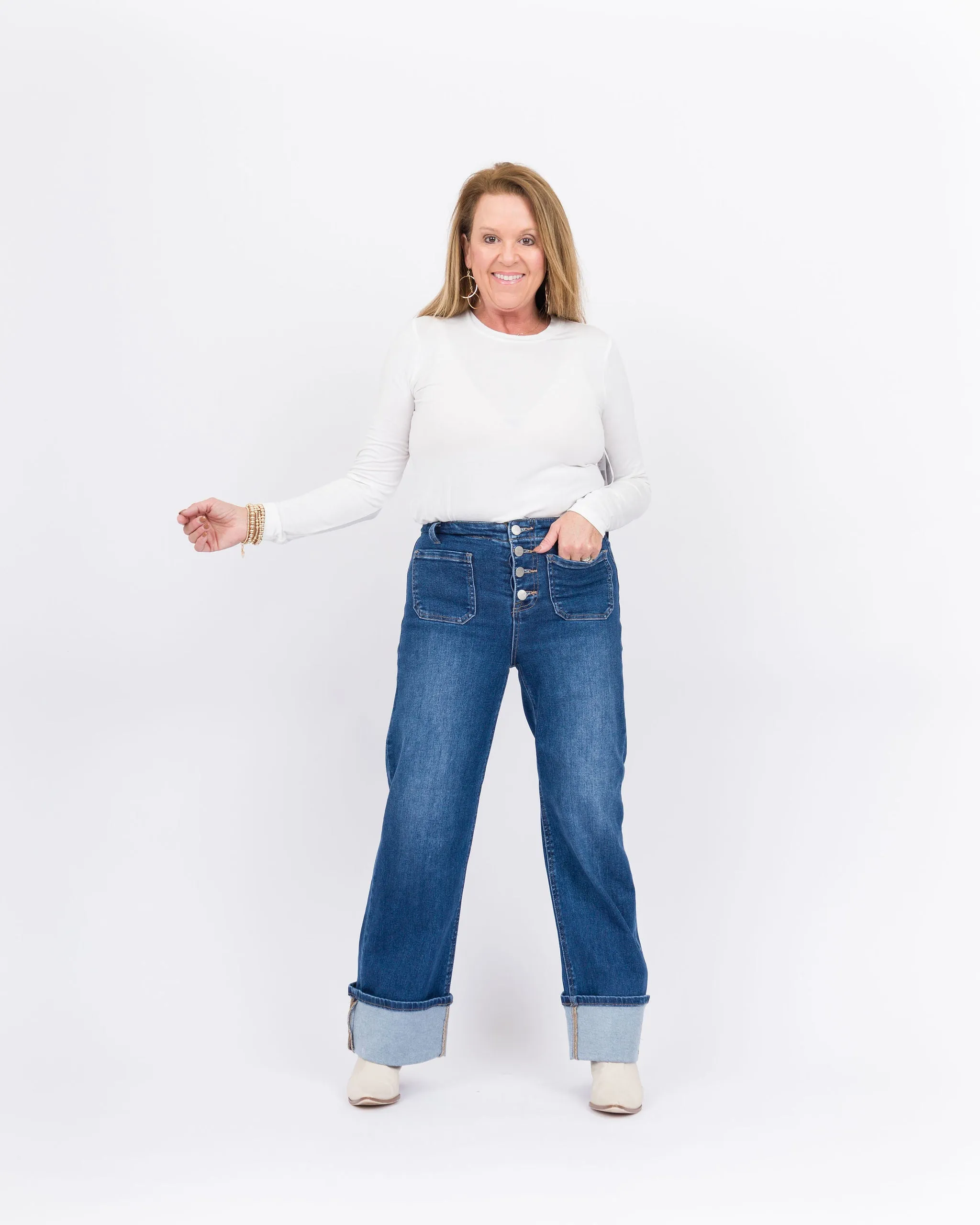 Risen High Rise Ankle Wide Button Down Front Patch  Pocket Cuffed Jeans