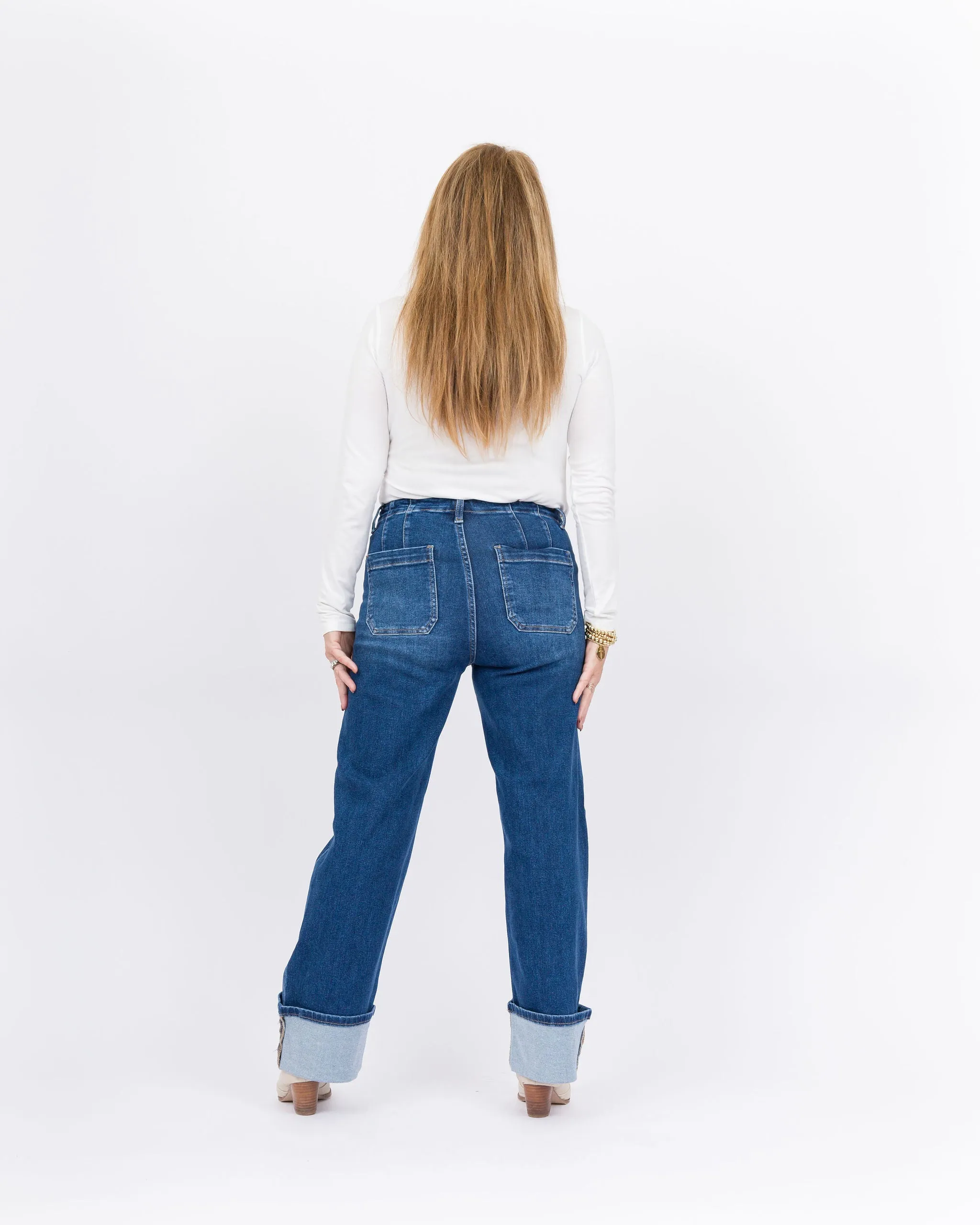 Risen High Rise Ankle Wide Button Down Front Patch  Pocket Cuffed Jeans