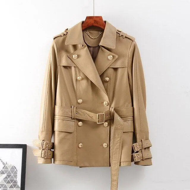 Supreme Women'S Real Sheep Leather Coat Double Breasted