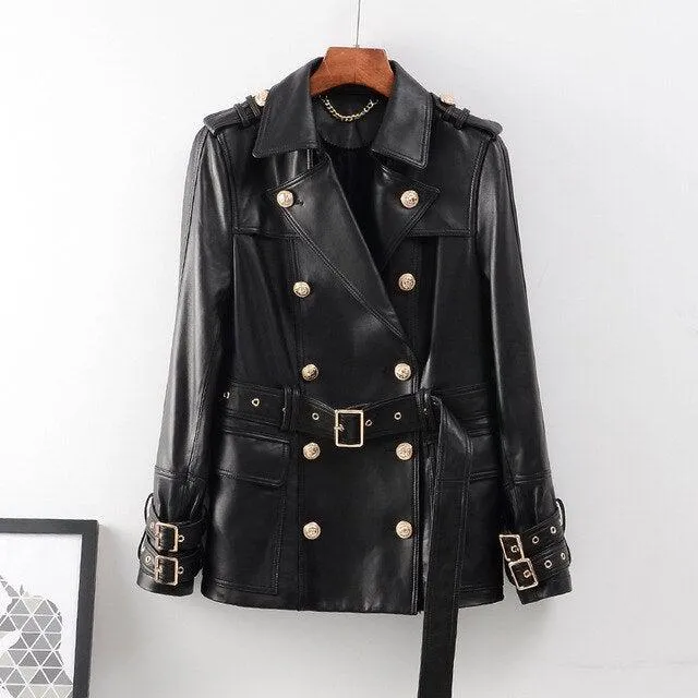 Supreme Women'S Real Sheep Leather Coat Double Breasted
