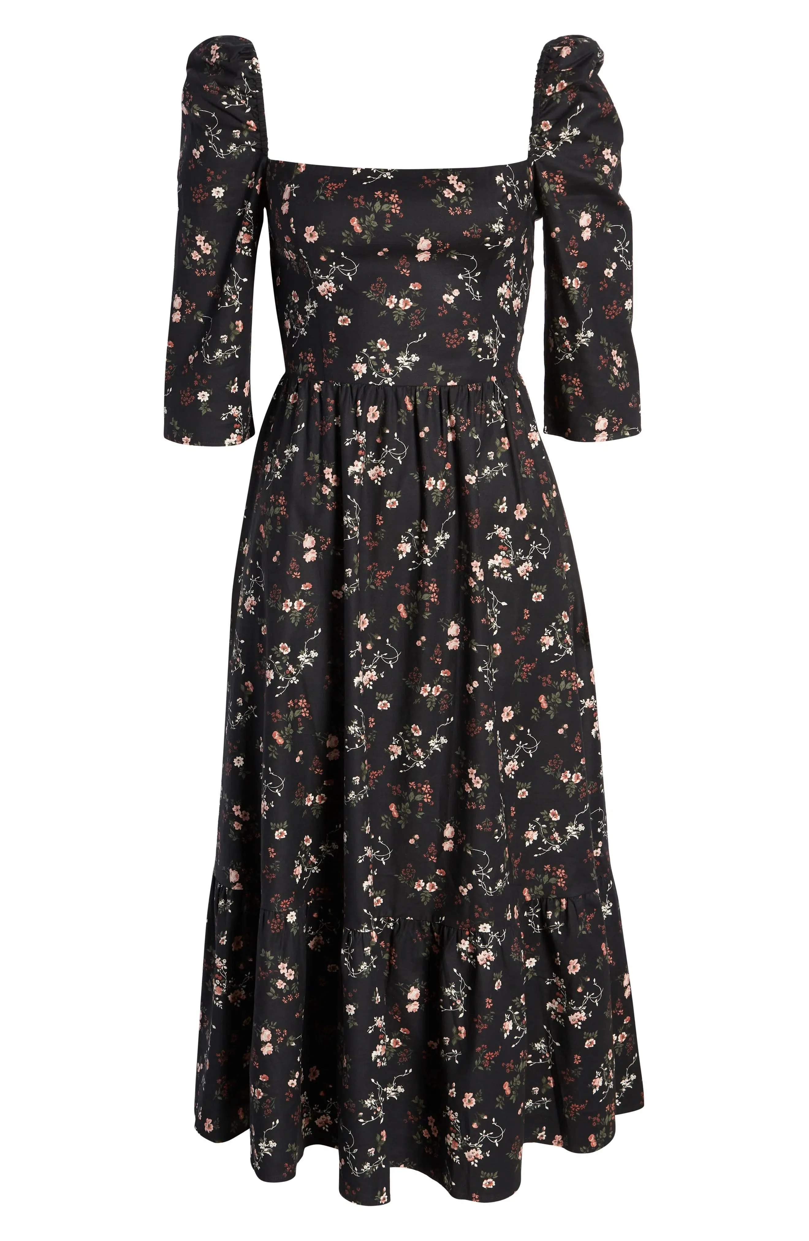 Three Quarter Sleeve Floral Print Cotton Midi Flare Casual Dress