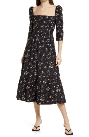 Three Quarter Sleeve Floral Print Cotton Midi Flare Casual Dress