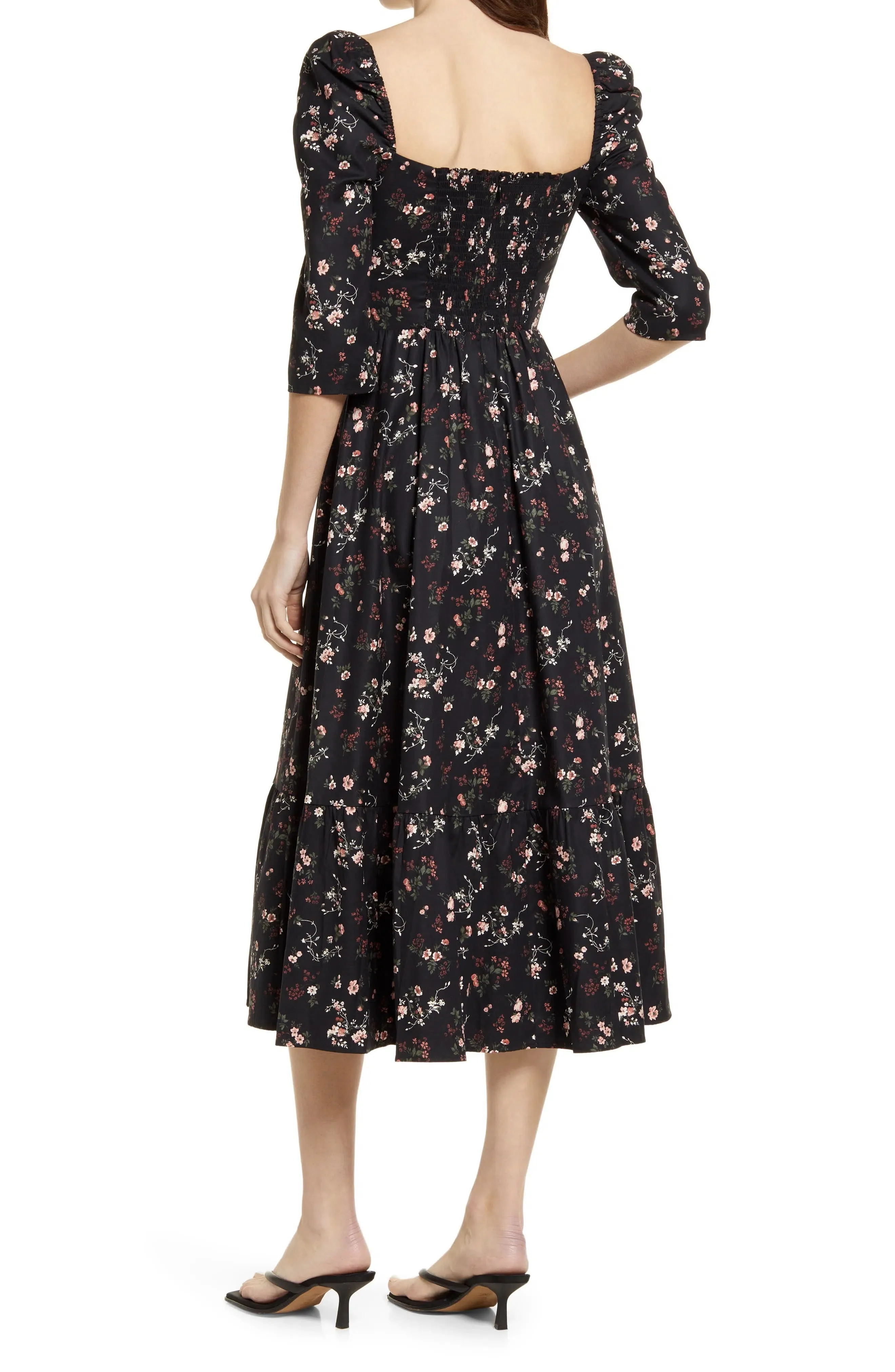 Three Quarter Sleeve Floral Print Cotton Midi Flare Casual Dress