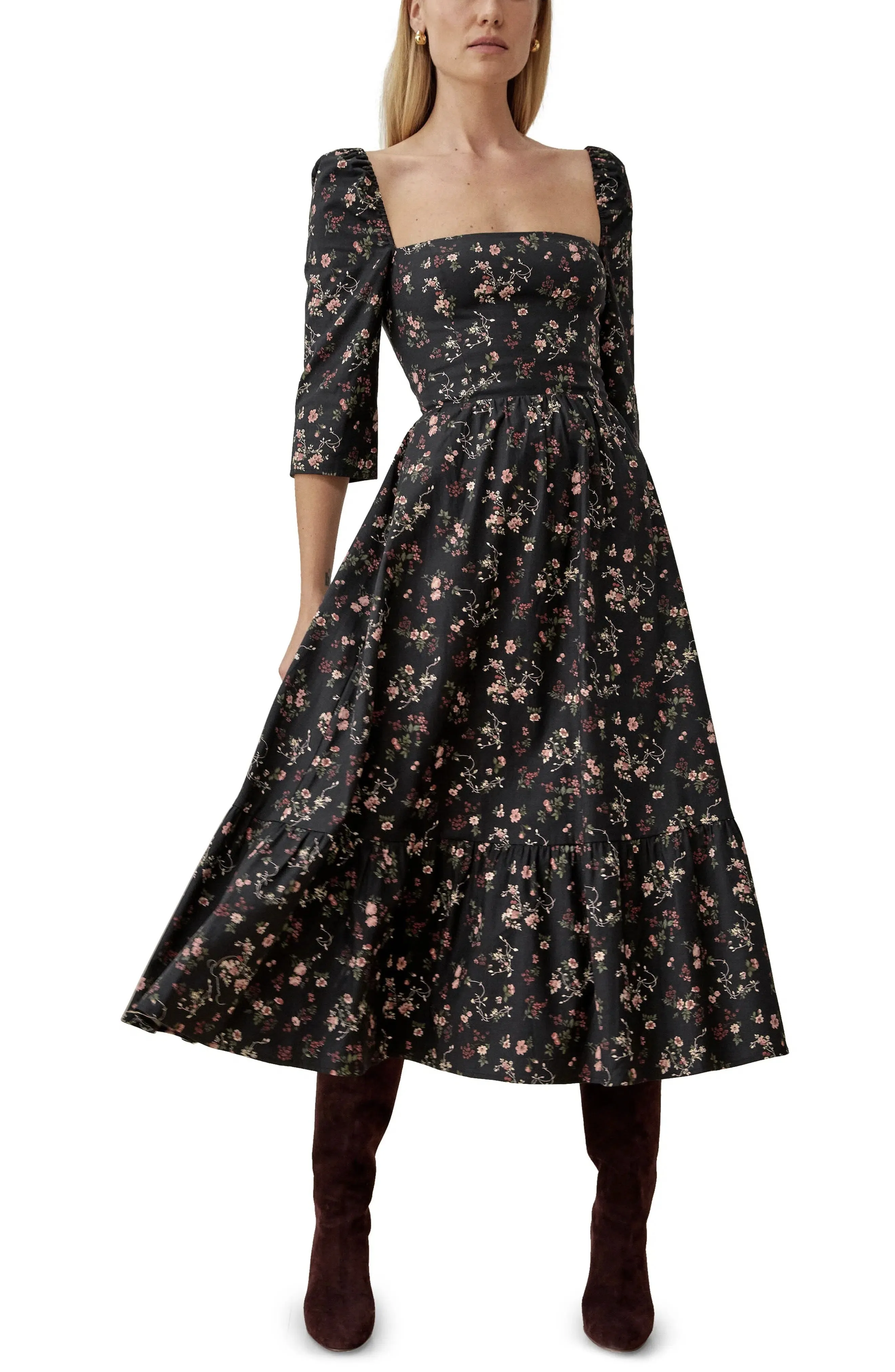 Three Quarter Sleeve Floral Print Cotton Midi Flare Casual Dress