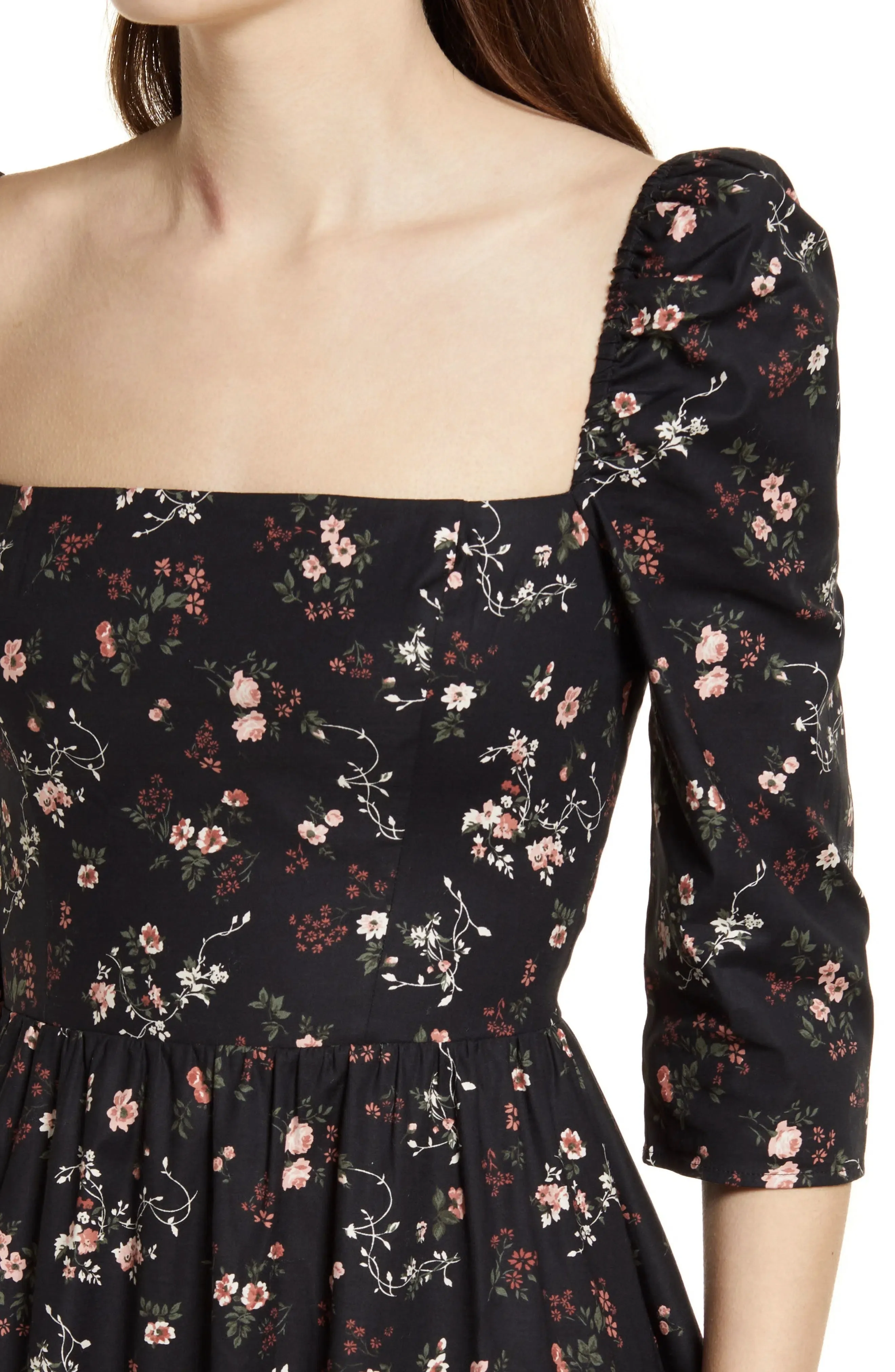 Three Quarter Sleeve Floral Print Cotton Midi Flare Casual Dress