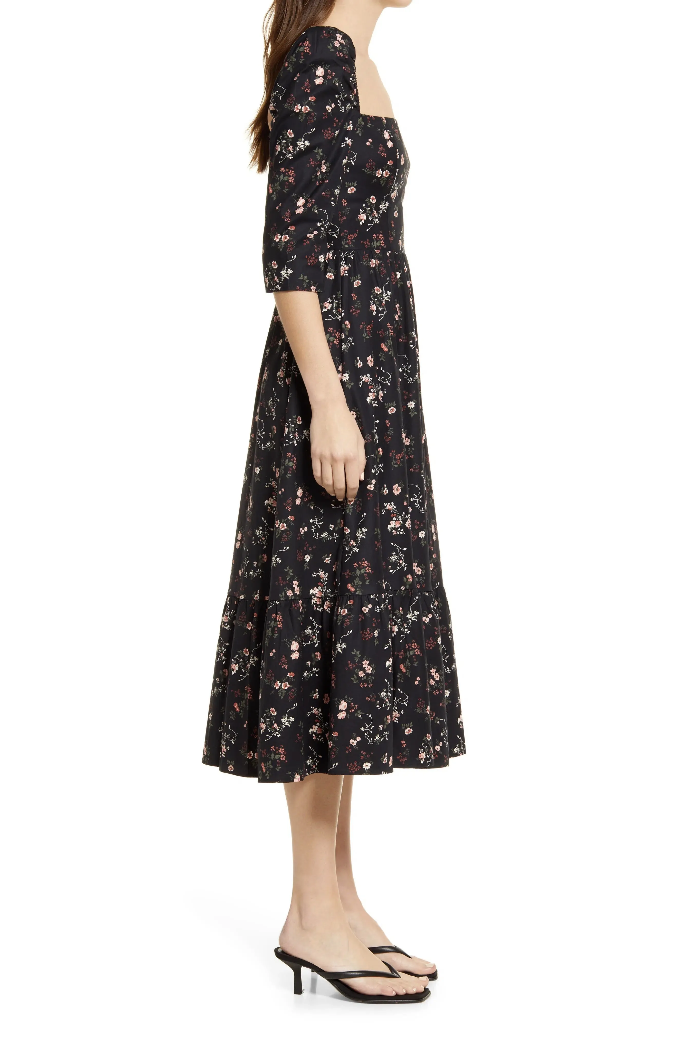 Three Quarter Sleeve Floral Print Cotton Midi Flare Casual Dress