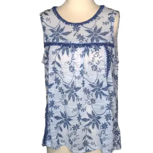VINTAGE AMERICA BLUES Blue Floral Top Decorative Fringe Edge Sleeveless Top Medium