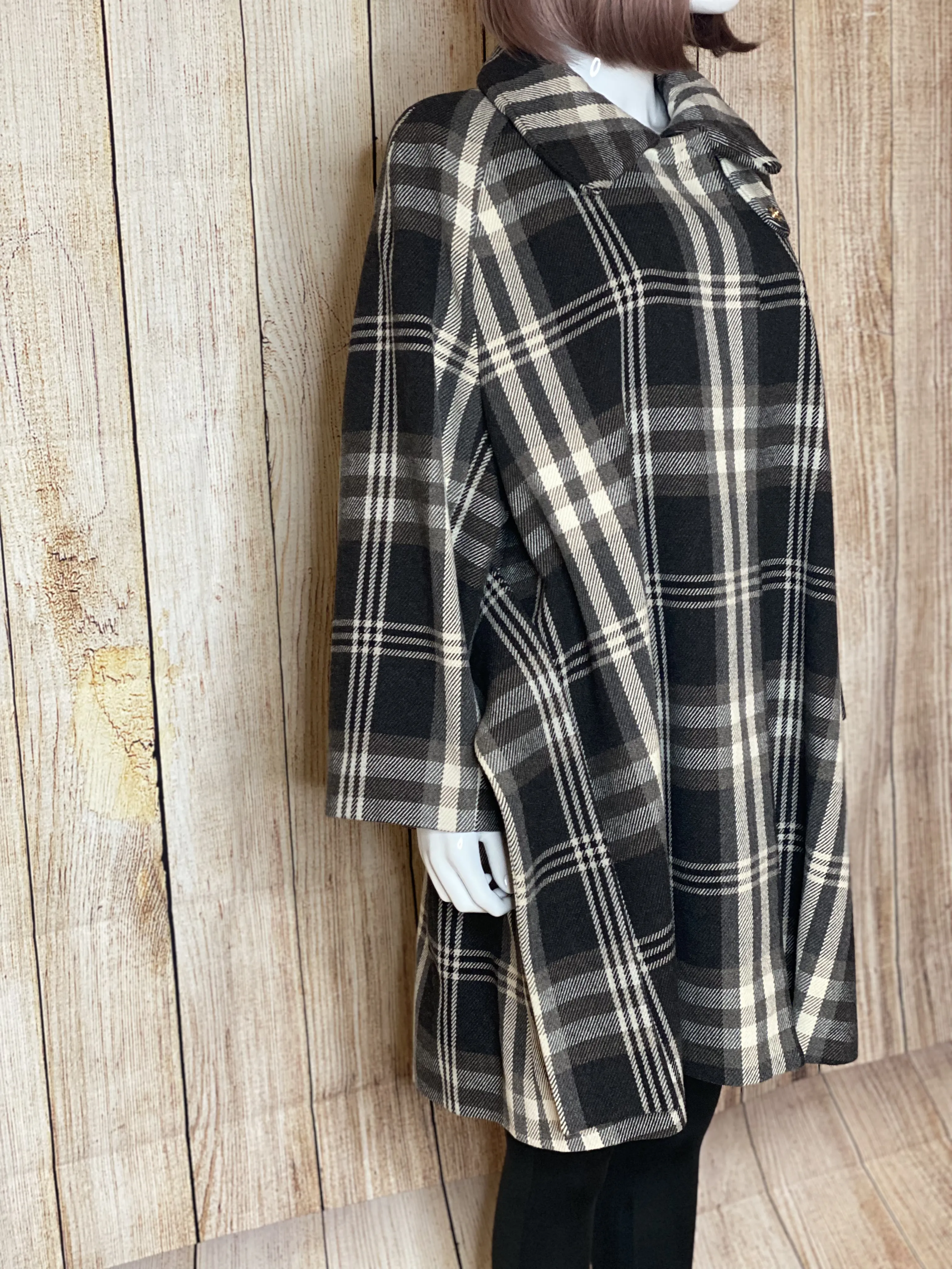 Virgin Wool Blend Check Belted Cape Coat