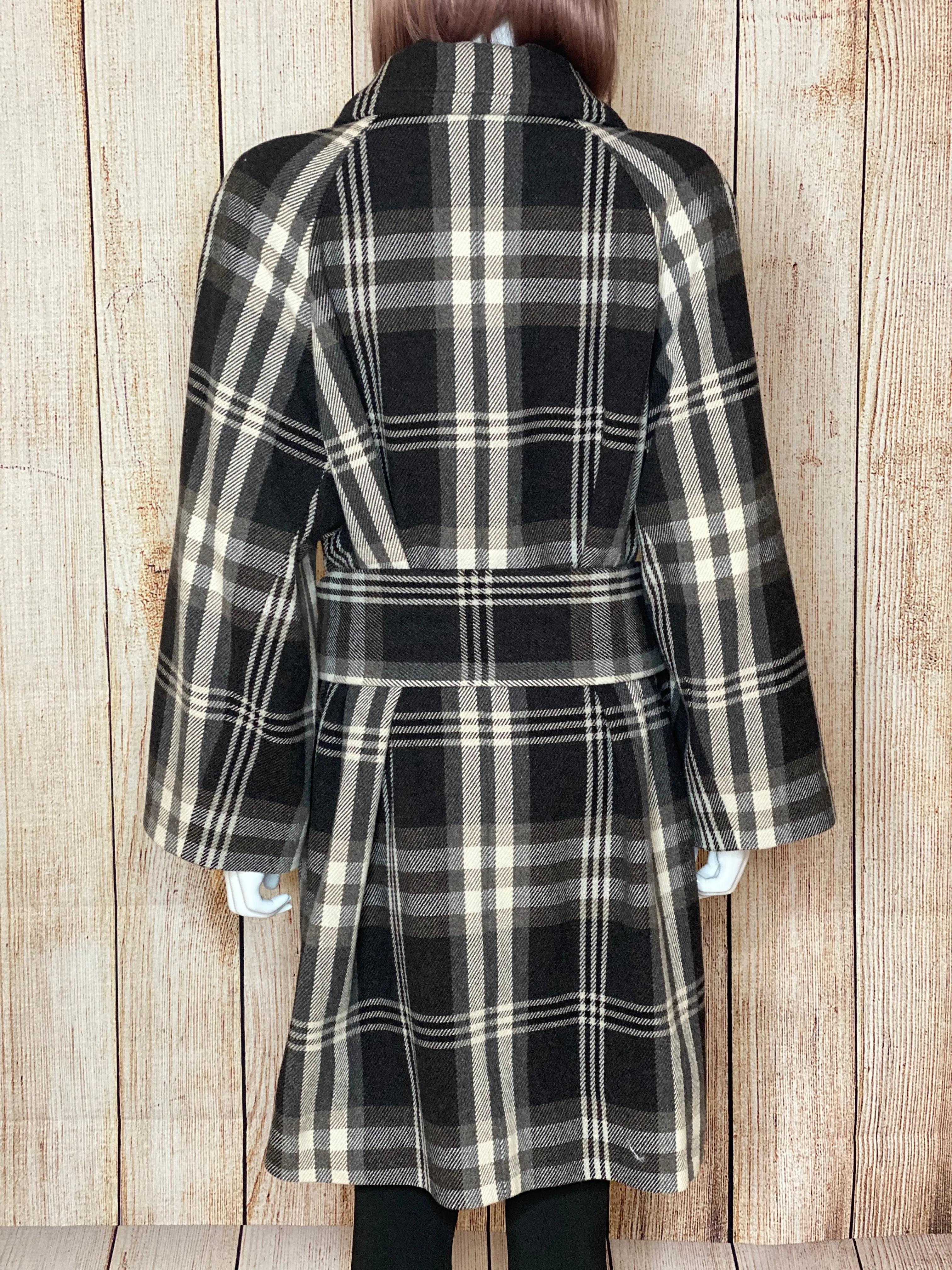Virgin Wool Blend Check Belted Cape Coat